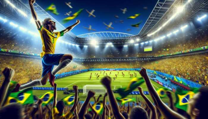 A vibrant soccer match in Brazil with thousands of fans, drums, and chants creating a noisy atmosphere.
