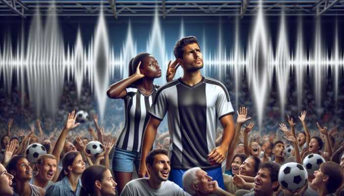 A soccer player struggles to hear teammate's instructions amidst cheering fans, showing noise's impact on performance.