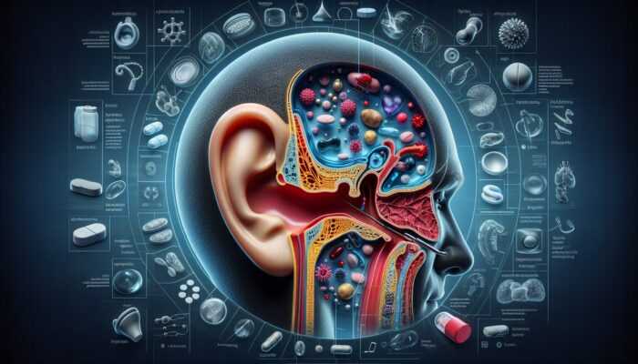 Illustration of ototoxic drugs damaging the inner ear, causing hearing loss.