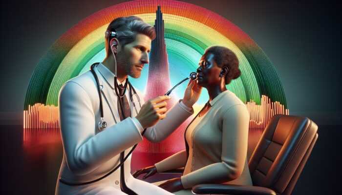 Audiologist conducting a hearing test on a patient, with charts and graphs illustrating hearing levels.