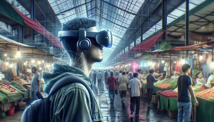 A person wearing an AR headset in a bustling market, enhancing sounds and filtering distractions.