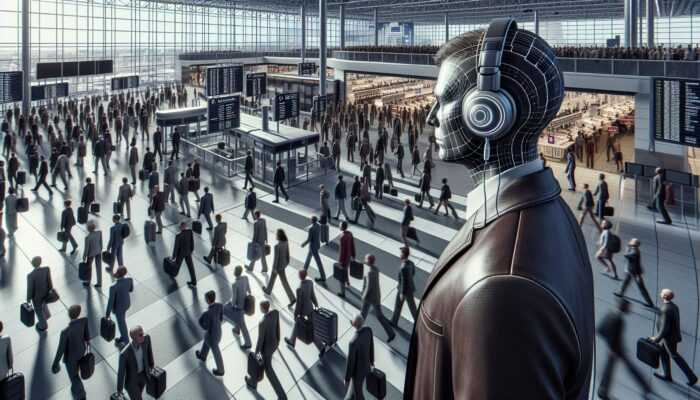 User at airport using advanced audio tech to navigate crowds and locate sounds confidently.