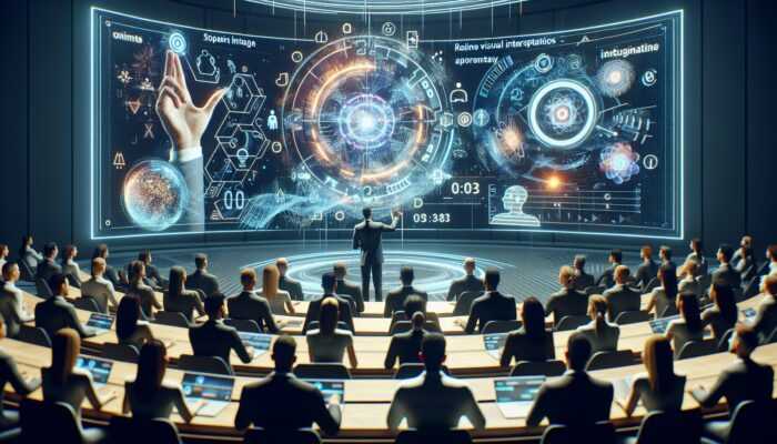 A futuristic AR scene with sign language integrated into a public presentation for inclusivity.