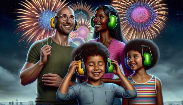 Family at a safe distance from fireworks, wearing colorful ear protection, children adjusting earplugs, vibrant night sky.