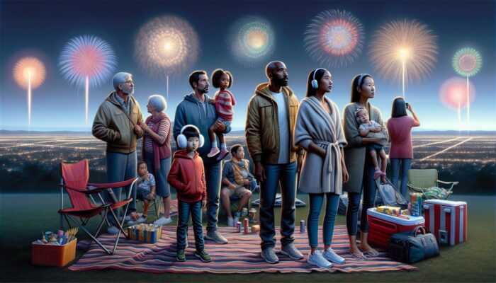 Family at fireworks display, using blankets, chairs, earplugs, and earmuffs for safety.