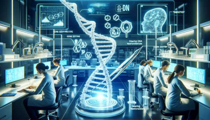 Scientists using CRISPR to edit genes for hearing restoration, with glowing DNA strand in futuristic lab.