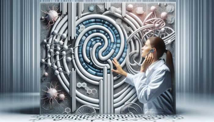 A scientist navigating a maze with DNA and hearing symbols, overseen by FDA and EMA logos.
