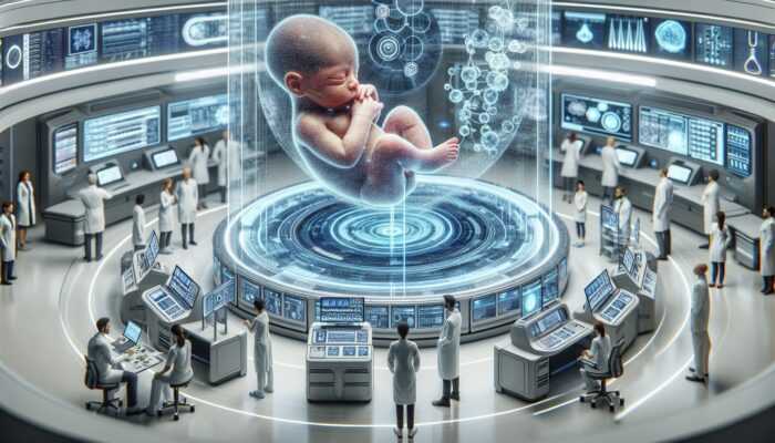 A futuristic lab with medical professionals using advanced equipment to screen a newborn for hereditary hearing loss.