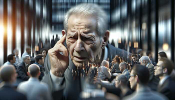 An elderly person in a social setting, struggling to hear, showing confusion and frustration.