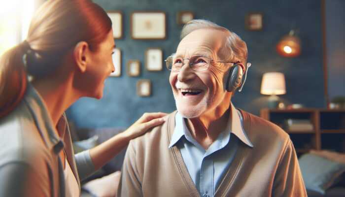 Elderly person with dementia wearing hearing aids, smiling and conversing with caregiver in a cozy room.