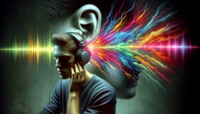 Young adult with headphones amidst sound waves, shadowed by hearing loss risk.