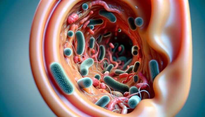 Close-up of ear canal with bacteria, showing infection risk from headphone use.
