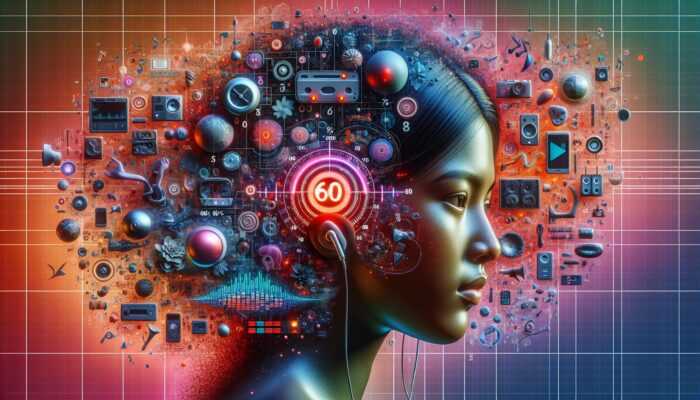 Person with earbuds, volume at 60%, 60-minute timer, surrounded by audio devices, promoting safe listening.