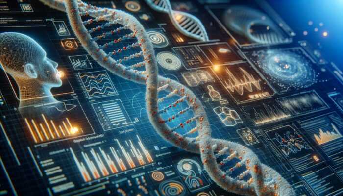 Close-up of DNA strand with highlighted mutations, medical diagrams, and hearing loss symbols in a research lab.