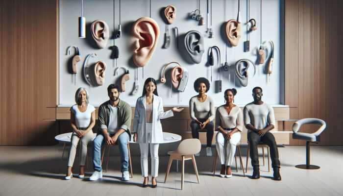 A diverse group consulting an audiologist about tailored hearing devices in a modern clinic.
