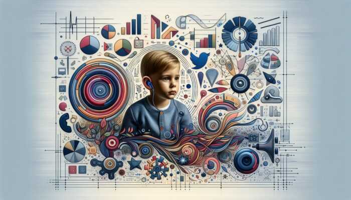 A young child with hearing loss surrounded by speech bubbles and letters, struggling with phonological awareness and literacy.