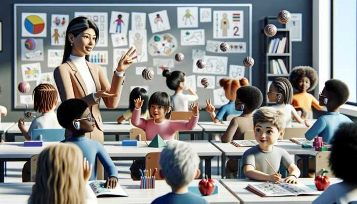 Children in a classroom, some with hearing aids, learning with a teacher using visual aids and sign language.