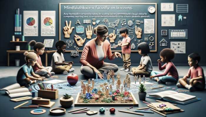 A teacher using sign language and visual aids with hearing-impaired children in a small group, hands-on learning setting.