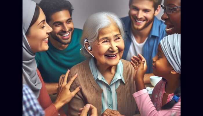 Elderly person smiling, engaged in conversation at family gathering, wearing modern hearing aids.