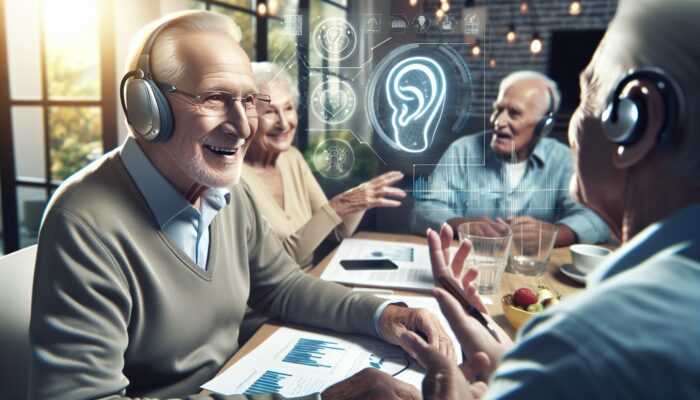 Elderly man with hearing aids in lively family conversation, demonstrating improved cognitive function.