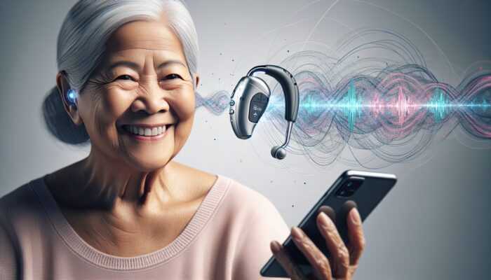 Elderly person smiling, using Bluetooth hearing aids connected to smartphone, enjoying music with wireless signals and sound waves.