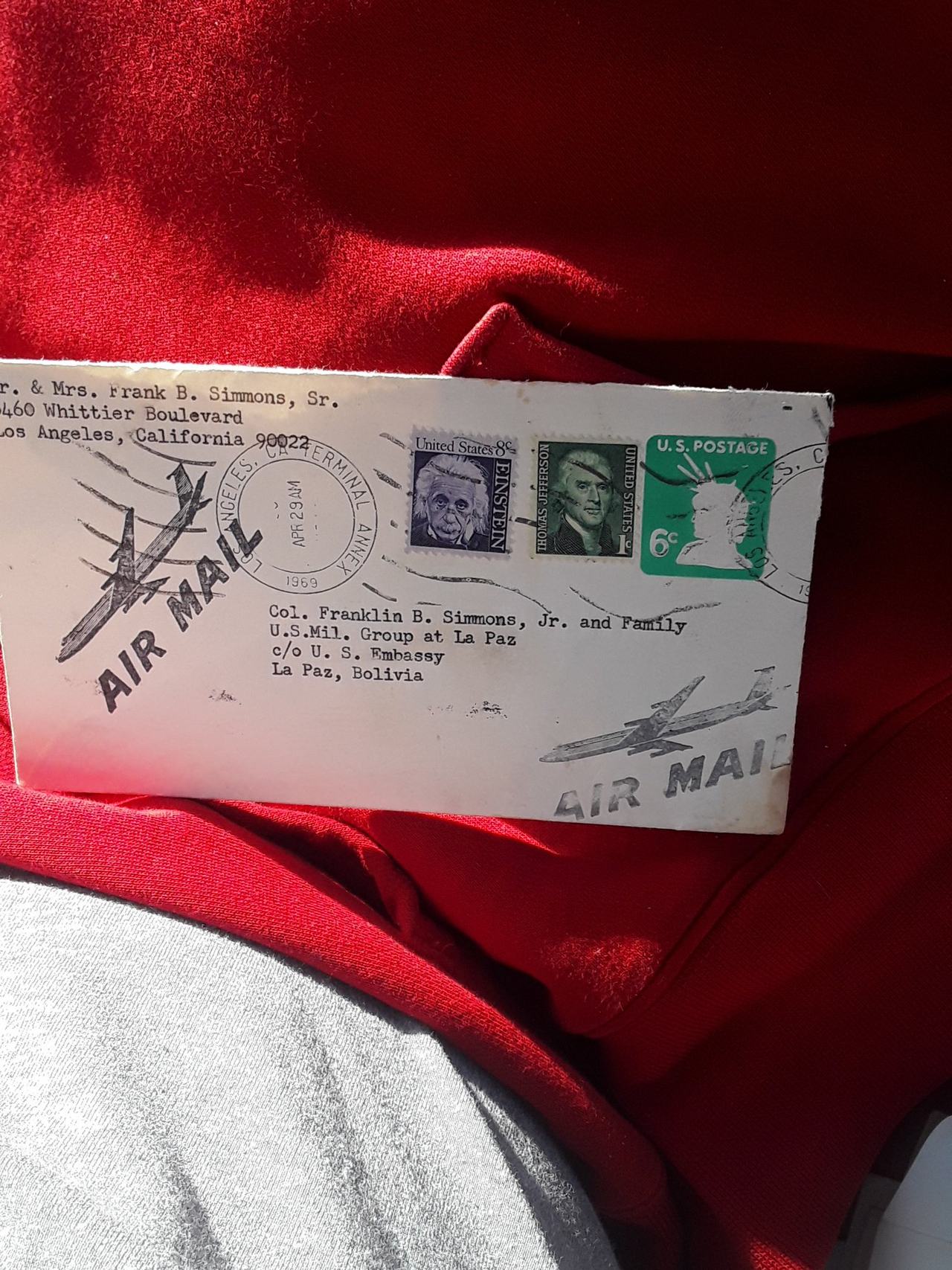 Vintage 1969 Air Mail Envelope with Einstein and Jefferson Stamps