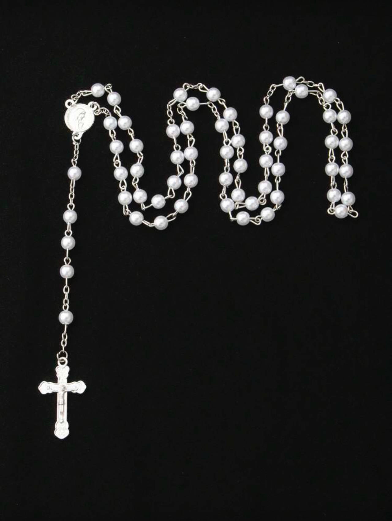 White Pearl Rosary Necklace With Cross