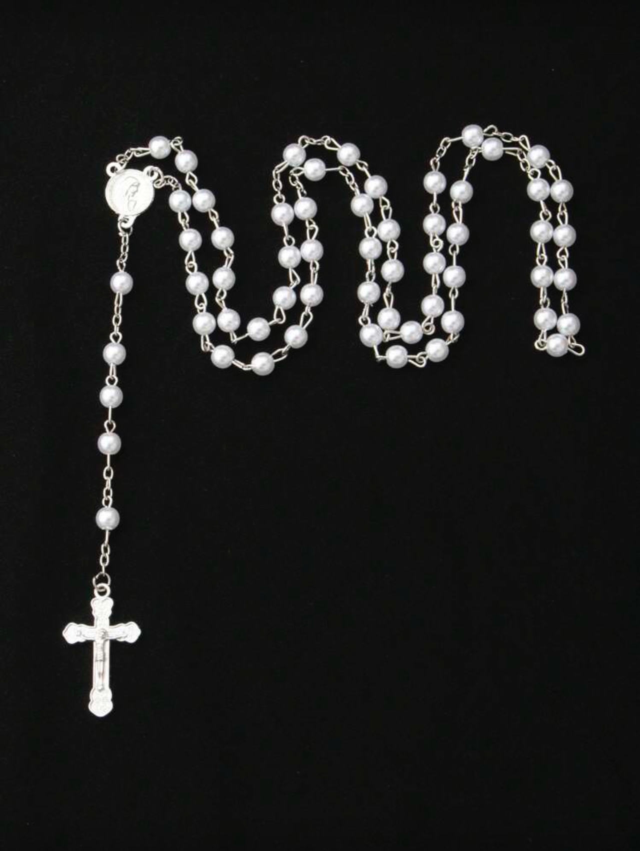 White Pearl Rosary Necklace With Cross