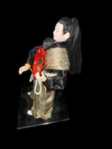 Vintage Japanese Samurai Warrior Doll with Drum Handcrafted Silk Costume on Wood - Image 2