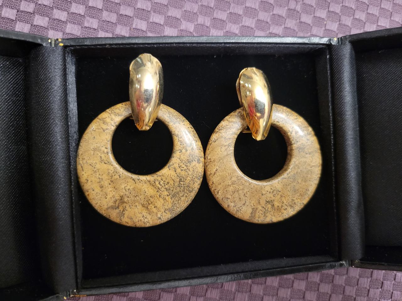 Vintage Gold Tone and Stone Hoop Earrings