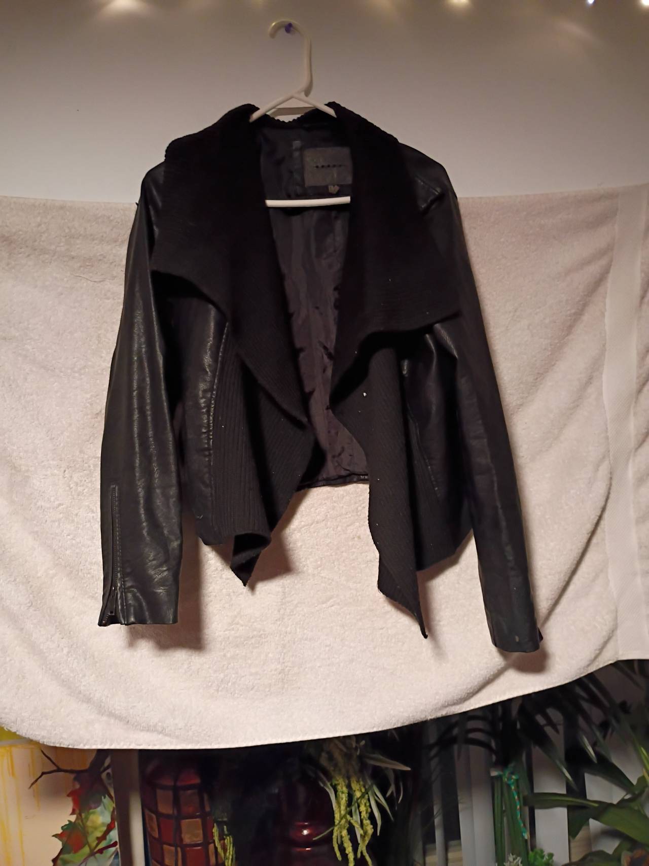 CI SONO Faux Leather & Knit Drape Front Jacket