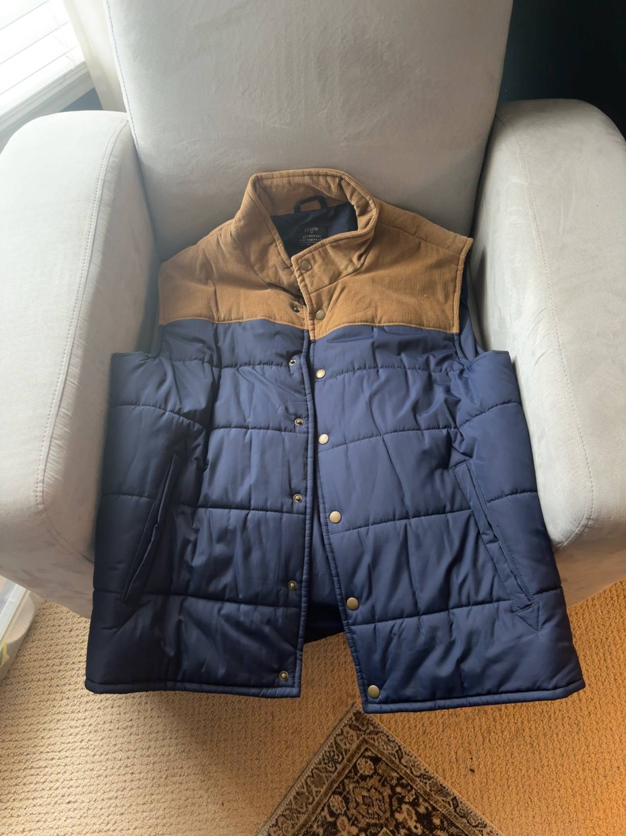 J.Crew Men's Puffer Vest Navy Blue with Brown Corduroy Trim Size L