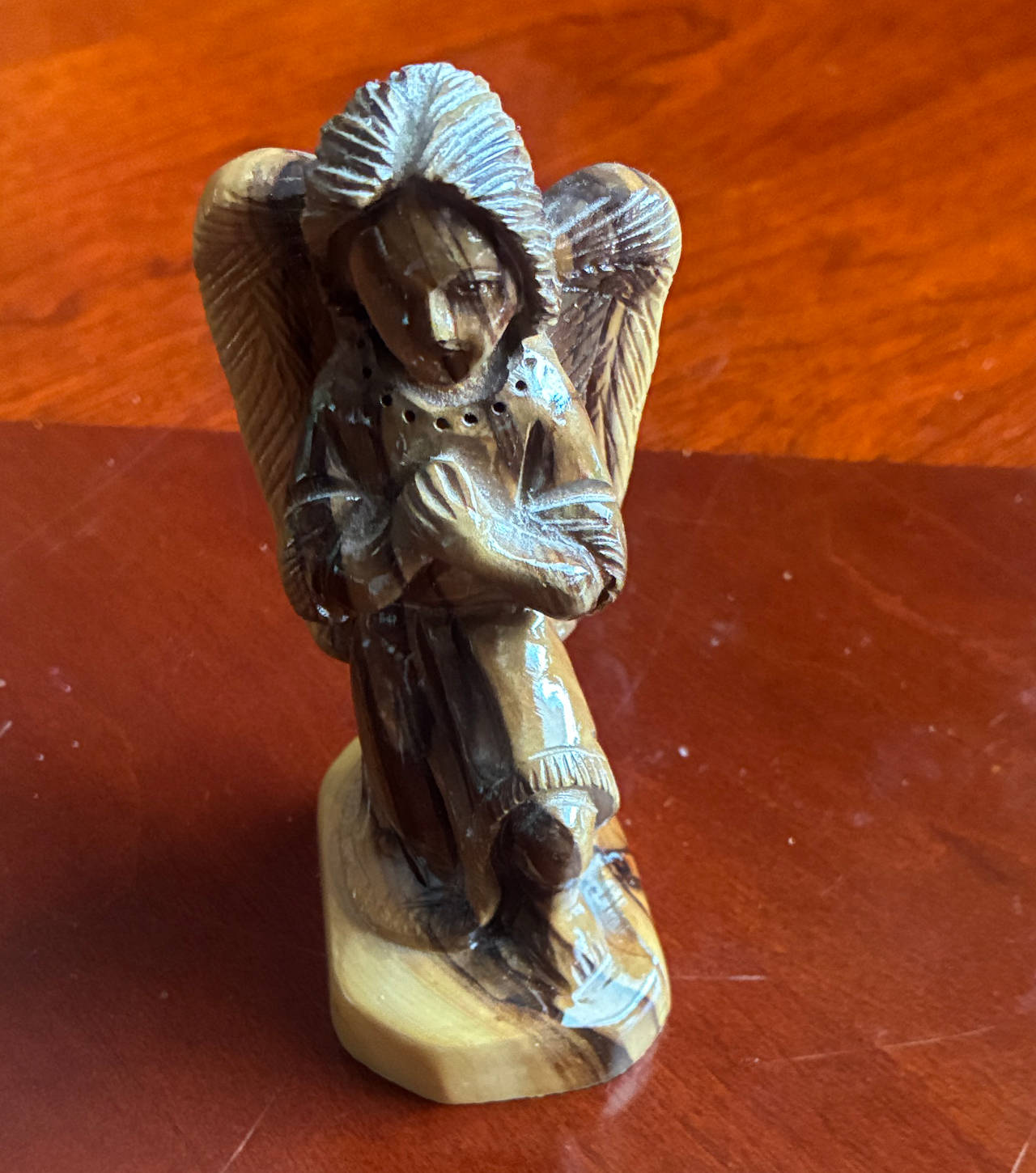 Hand-Carved Olive Wood Kneeling Angel Figurine