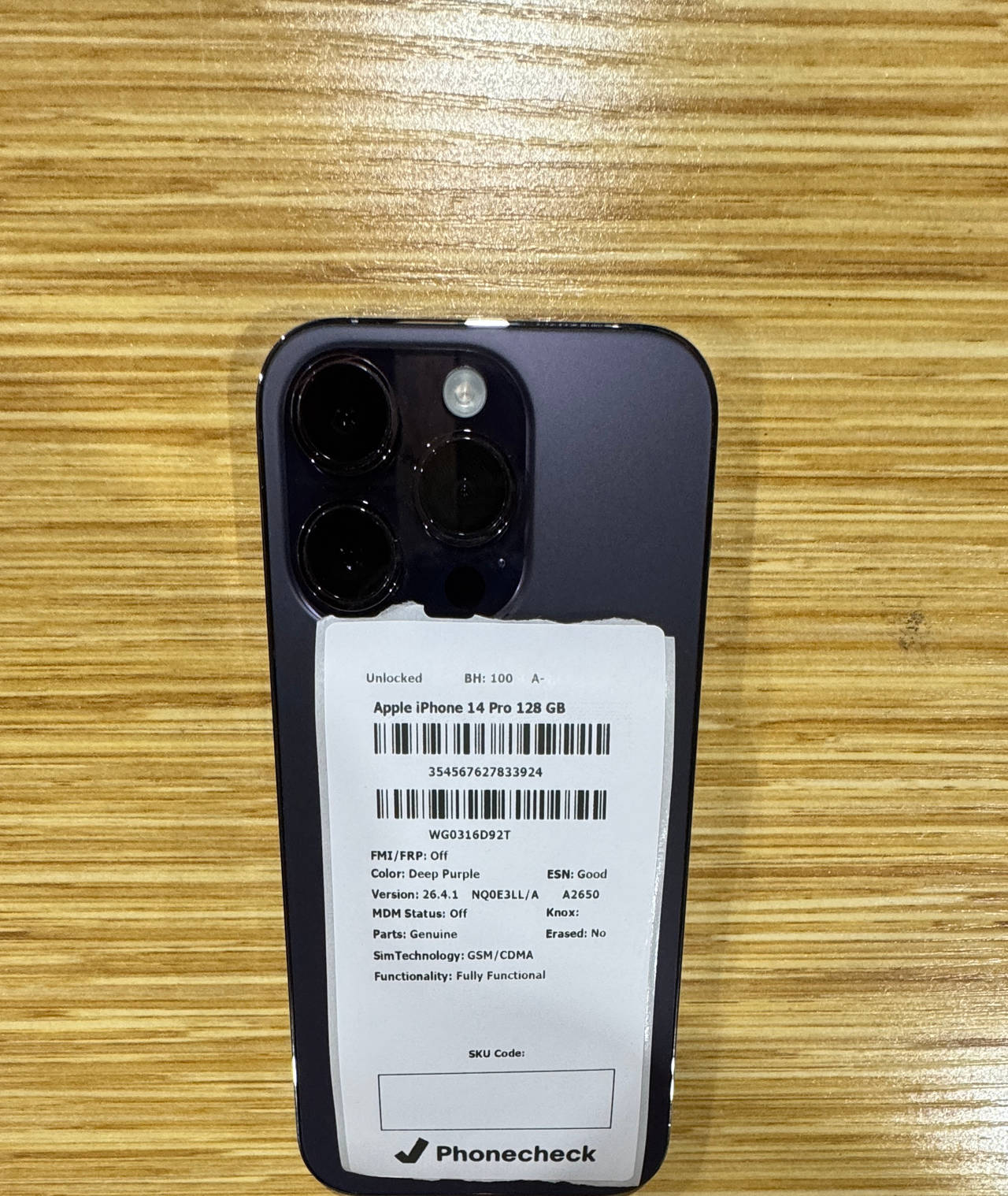 Apple iPhone 14 Pro 128GB Deep Purple Fully Unlocked with 100% Battery Health