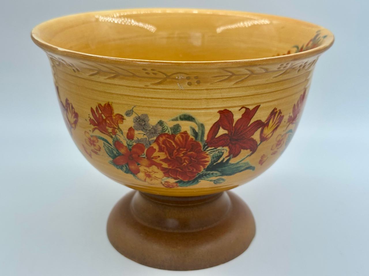 FTD Vintage Floral Ceramic Bowl With Wood Pedestal Gold & Red Retro