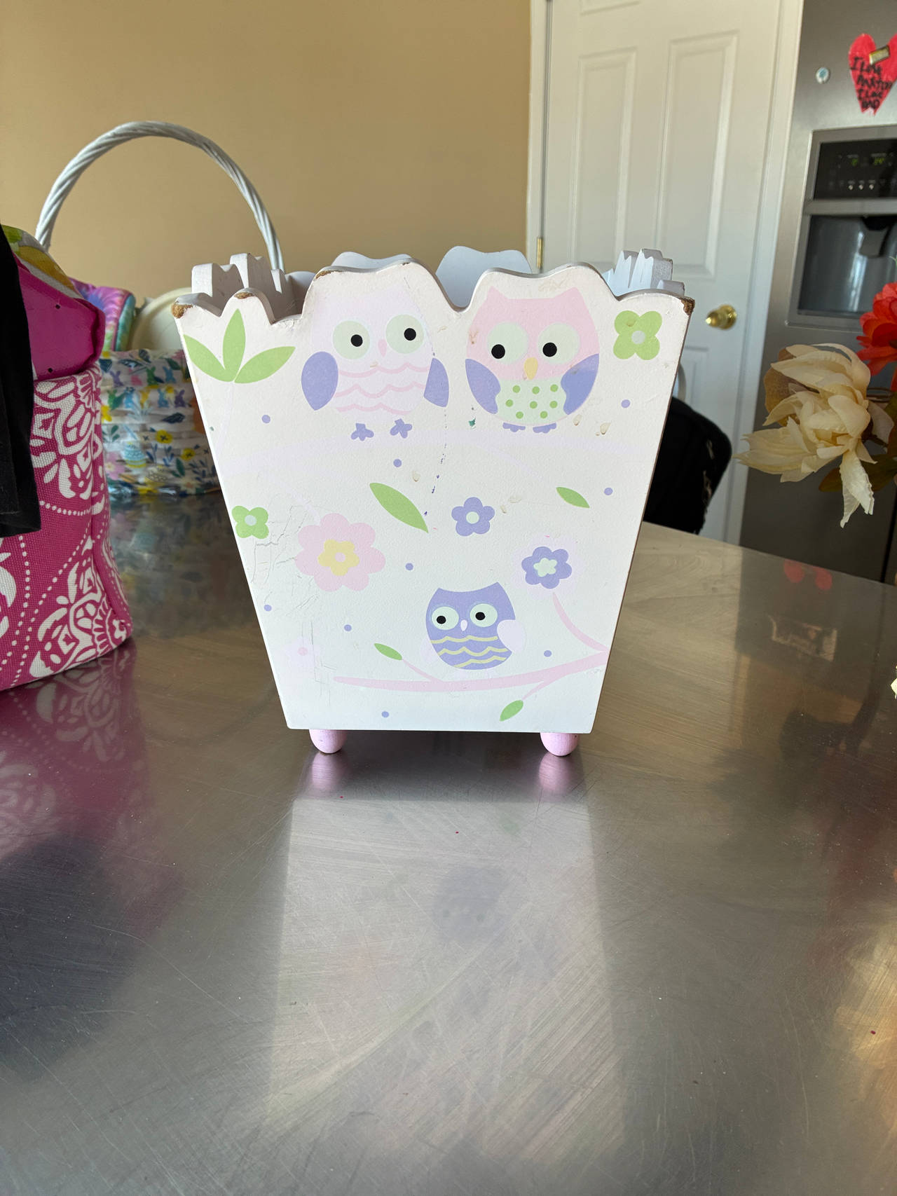 Wooden Owl Wastebasket Storage Bin