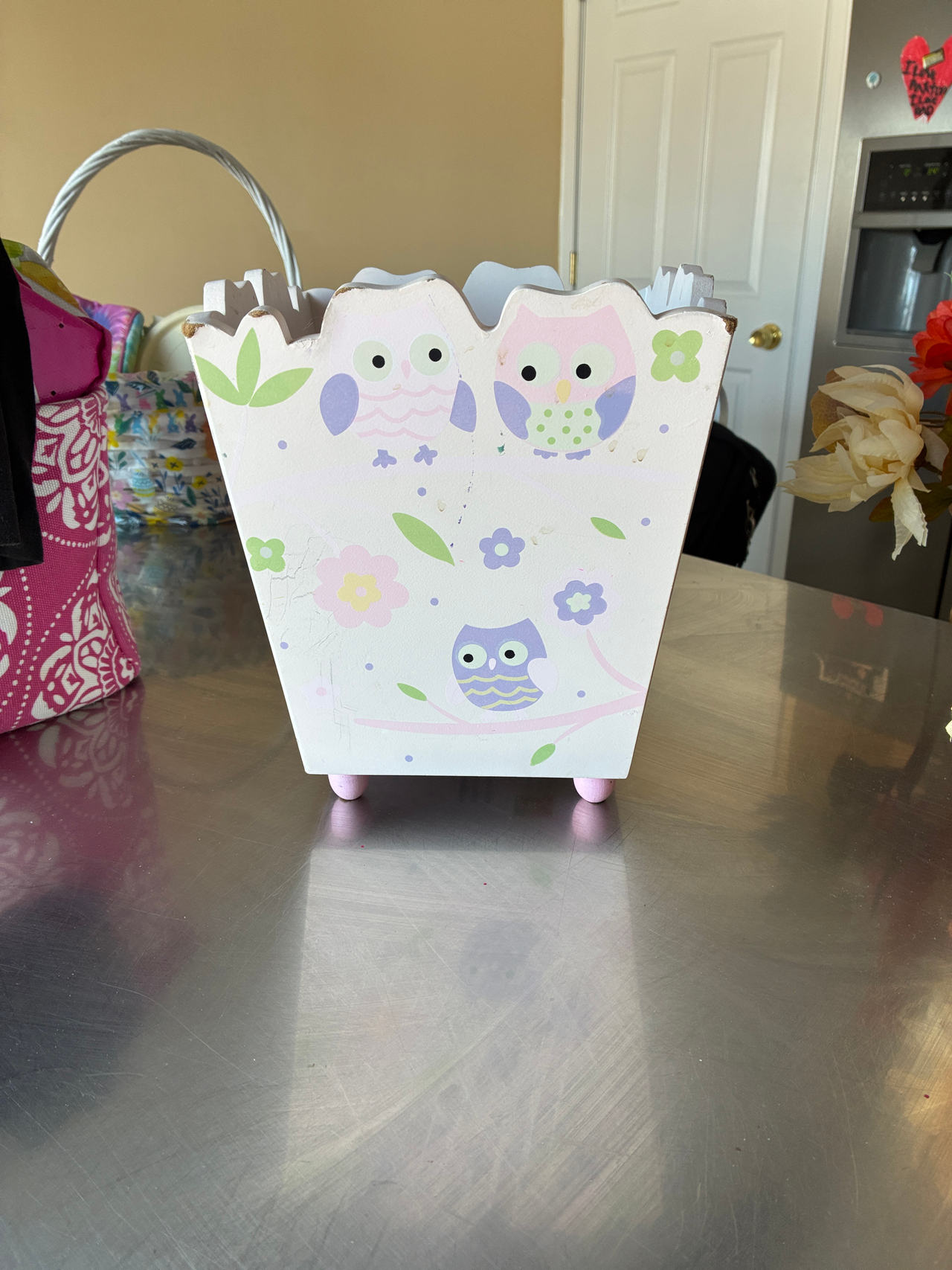 Wooden Owl Wastebasket Storage Bin