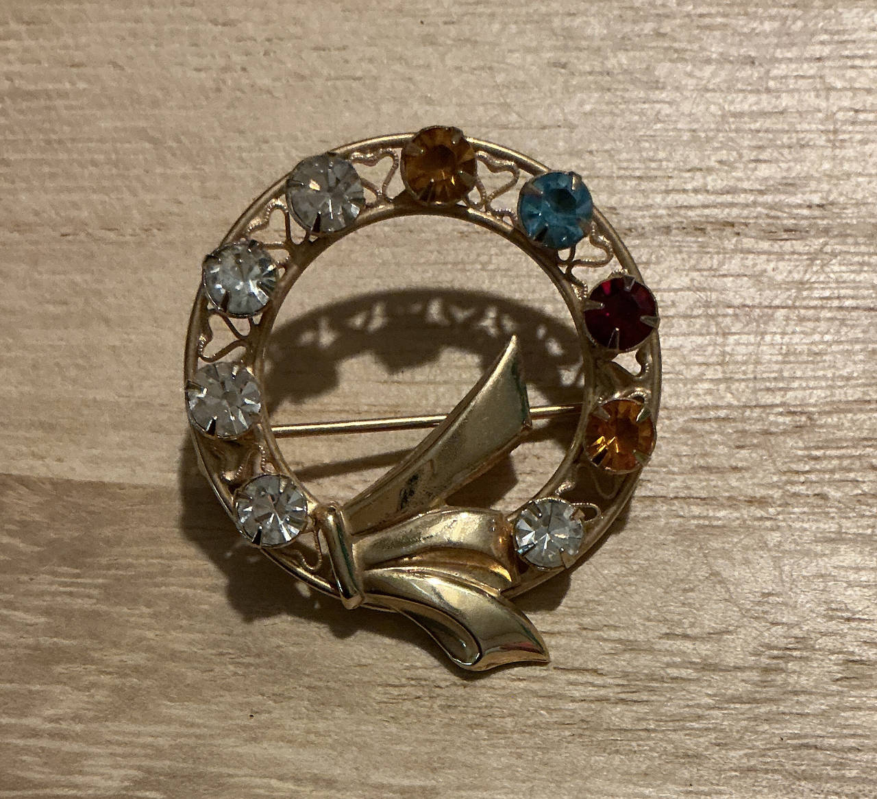 Vintage Rhinestone Wreath Brooch with Bow
