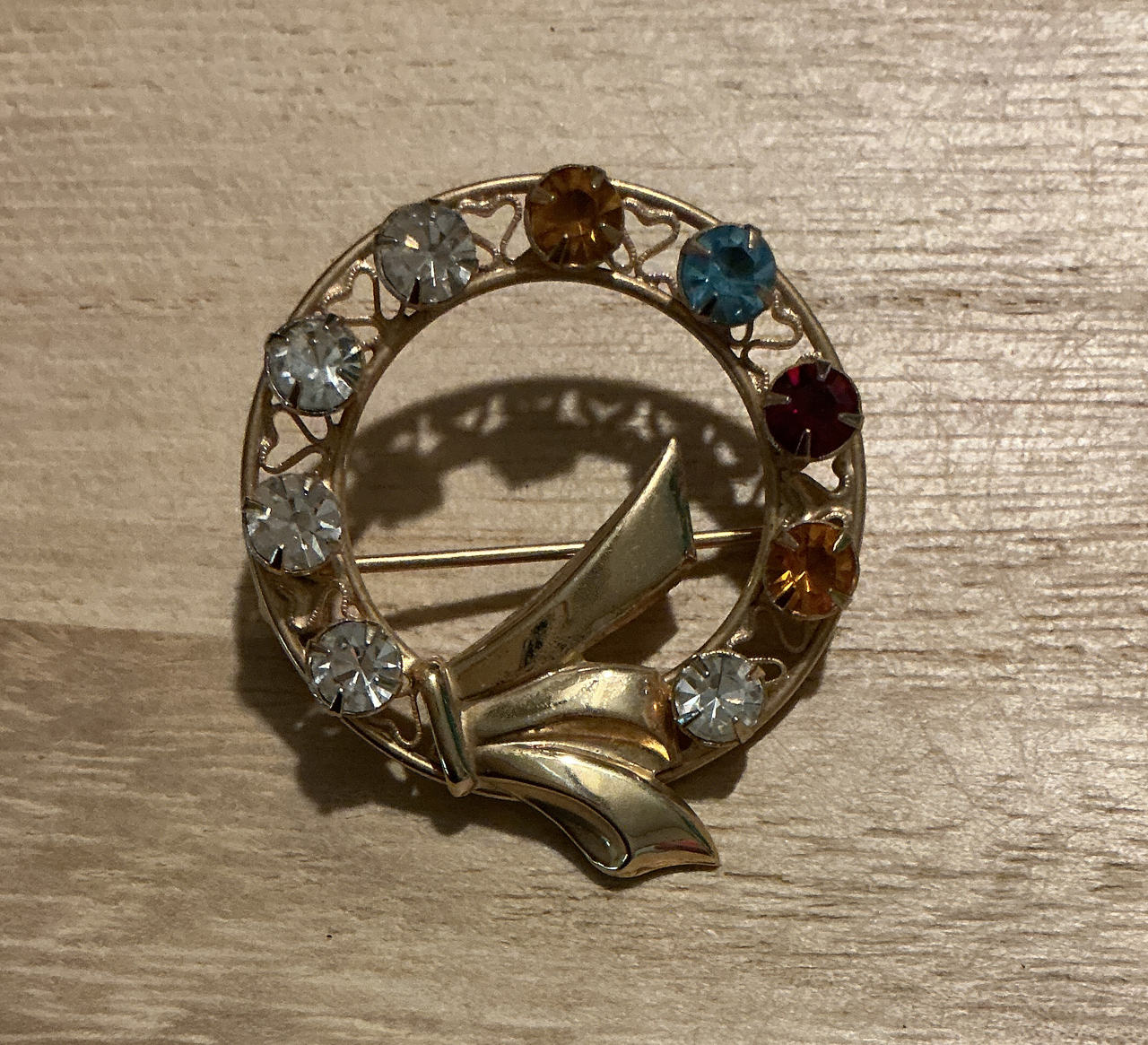 Vintage Rhinestone Wreath Brooch with Bow