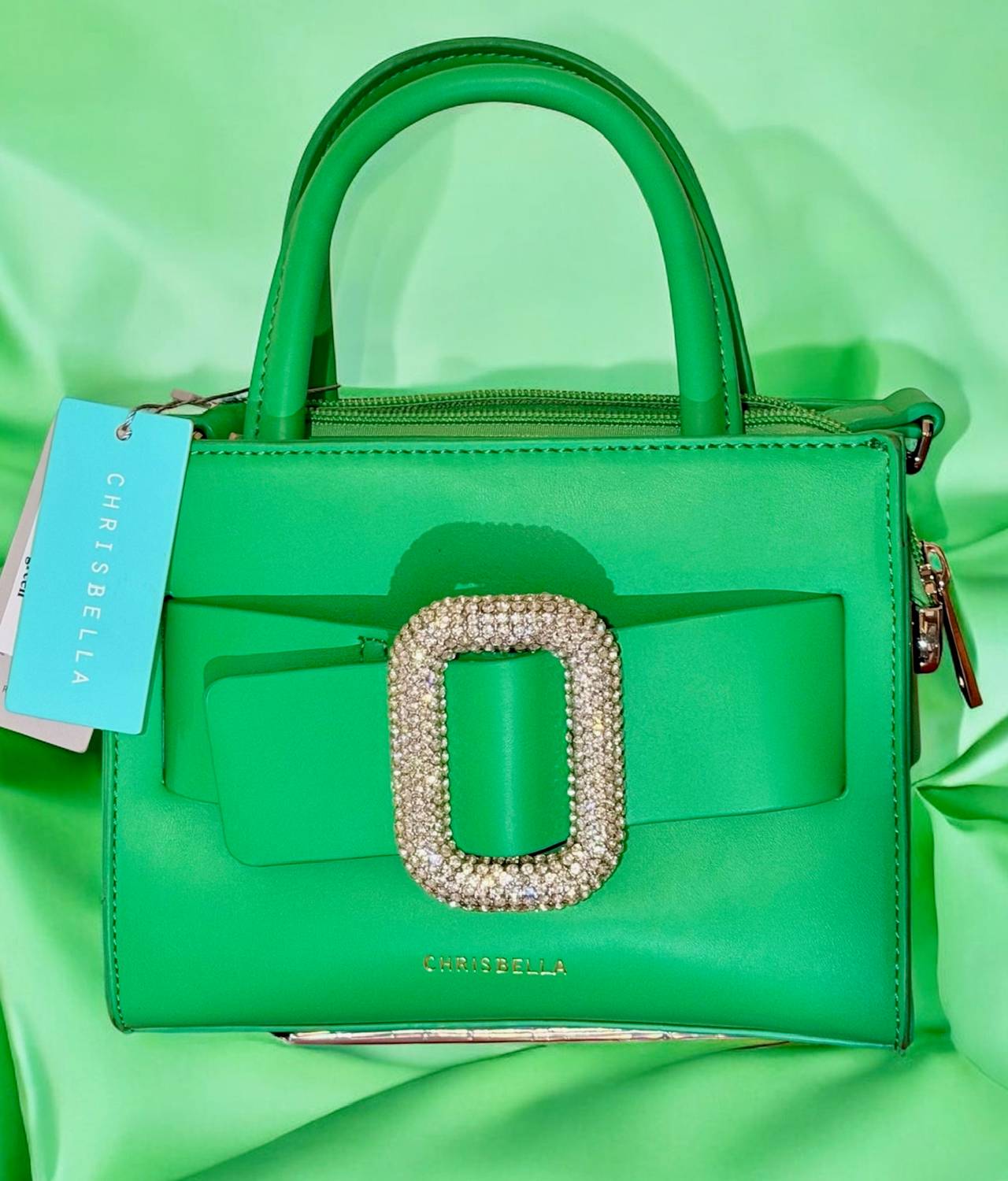 Chrisbella Green Rhinestone Buckle Handbag