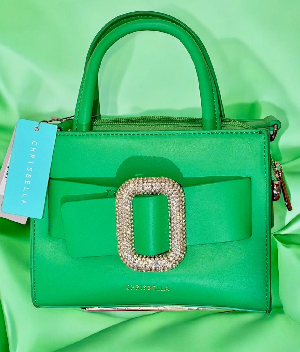 Chrisbella Green Rhinestone Buckle Handbag