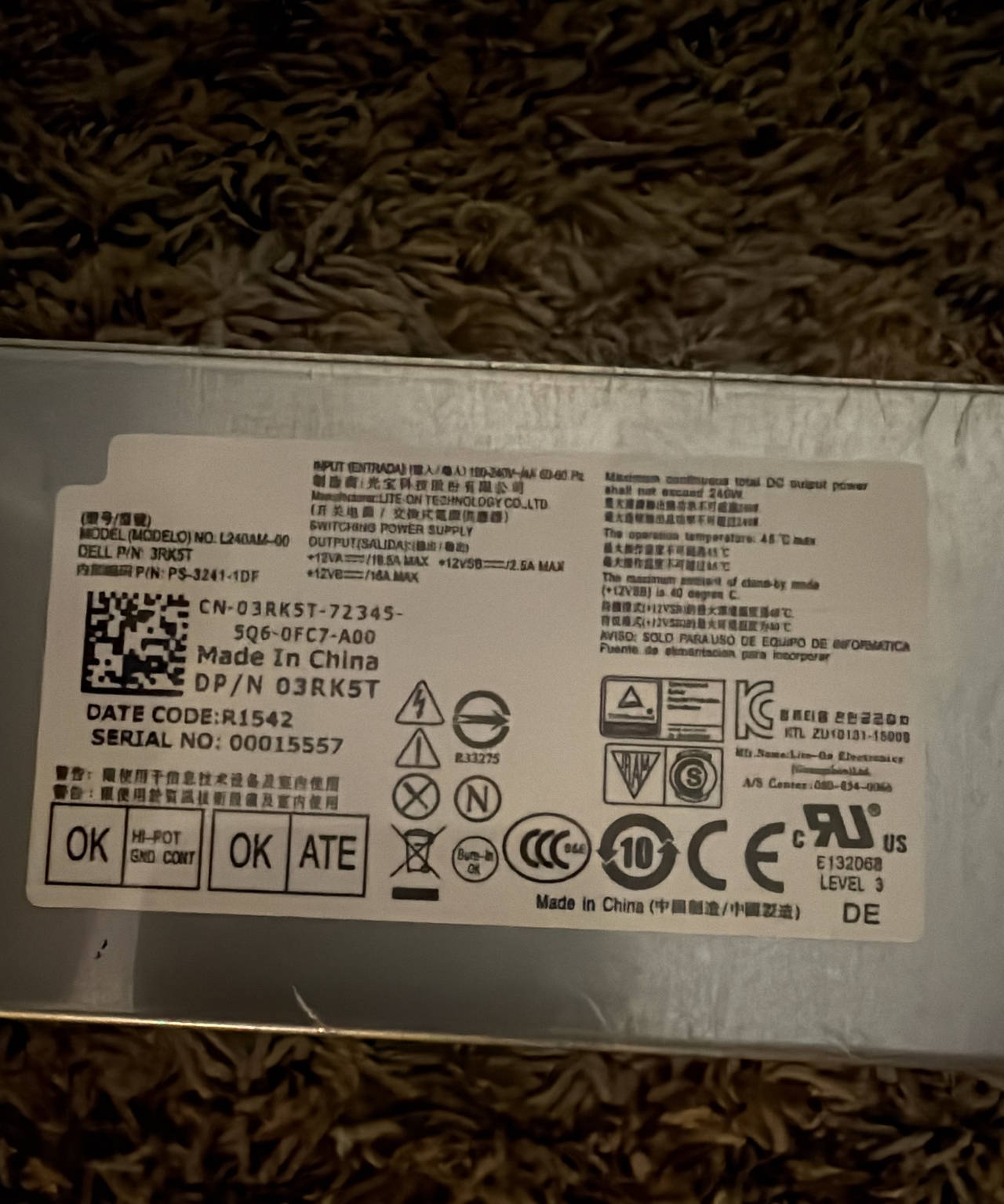 Dell 240W Power Supply L240AM-00 3RK5T