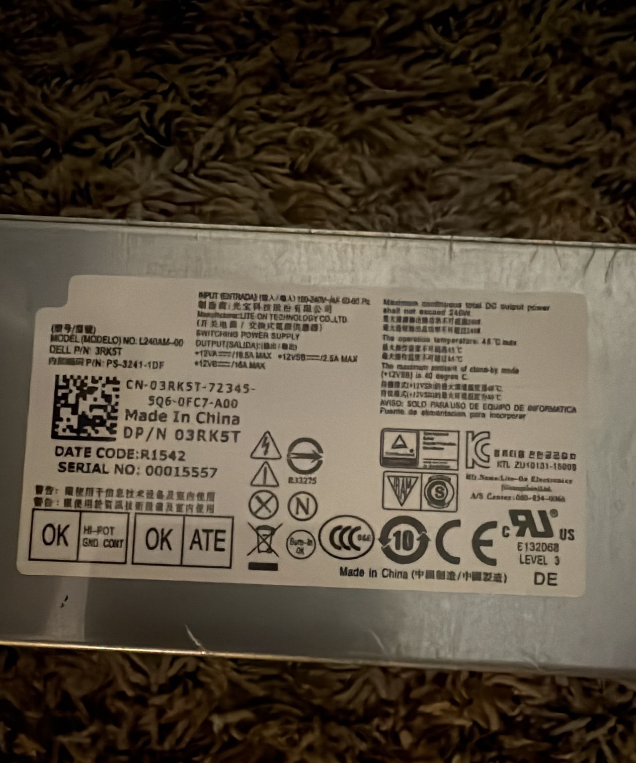 Dell 240W Power Supply L240AM-00 3RK5T