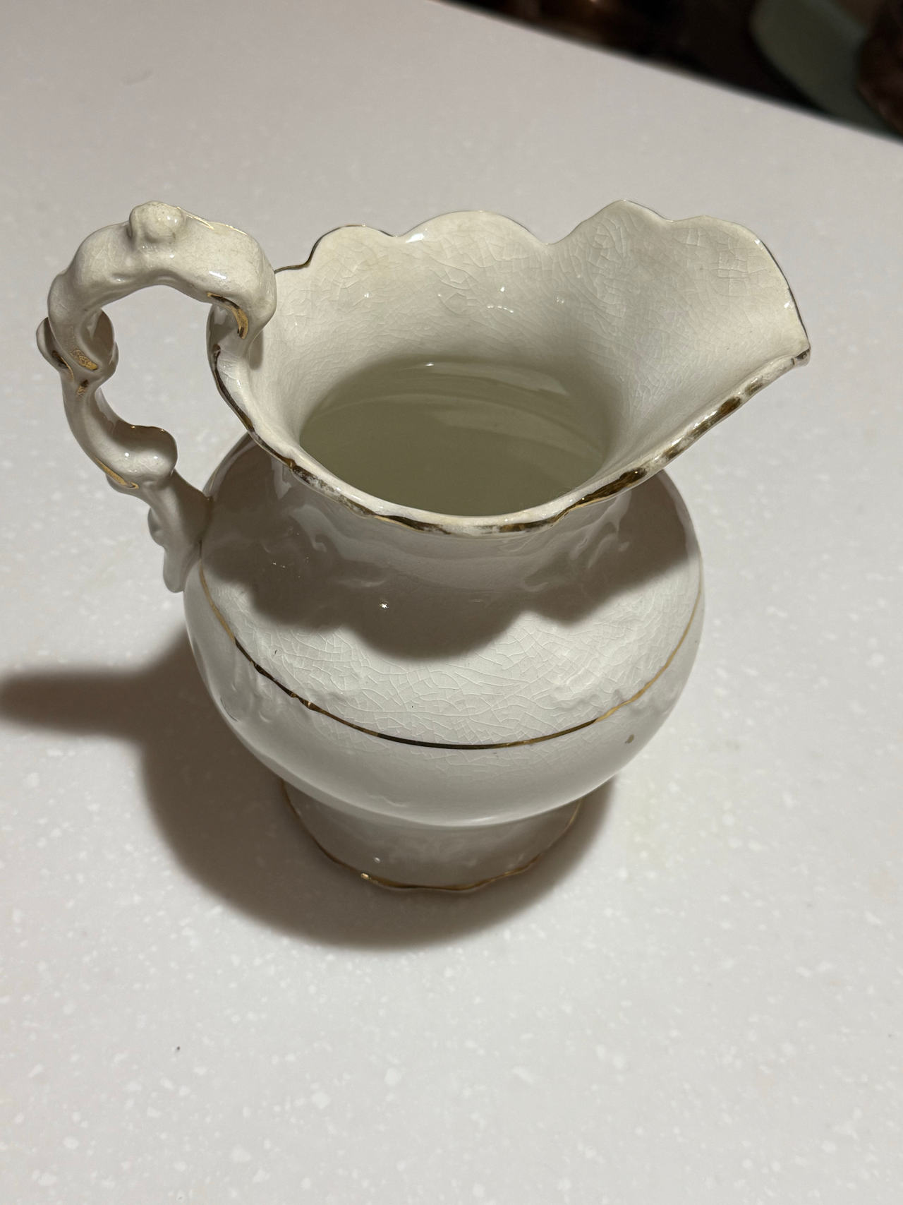 Vintage White Ceramic Pitcher with Gold Trim