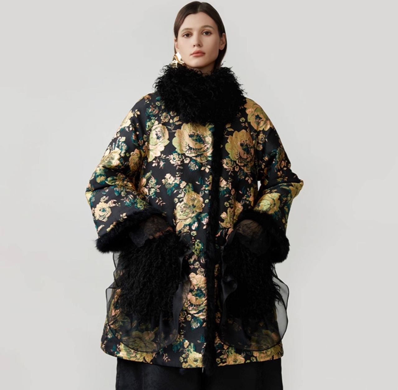Floral Brocade Coat with Faux Fur Trim