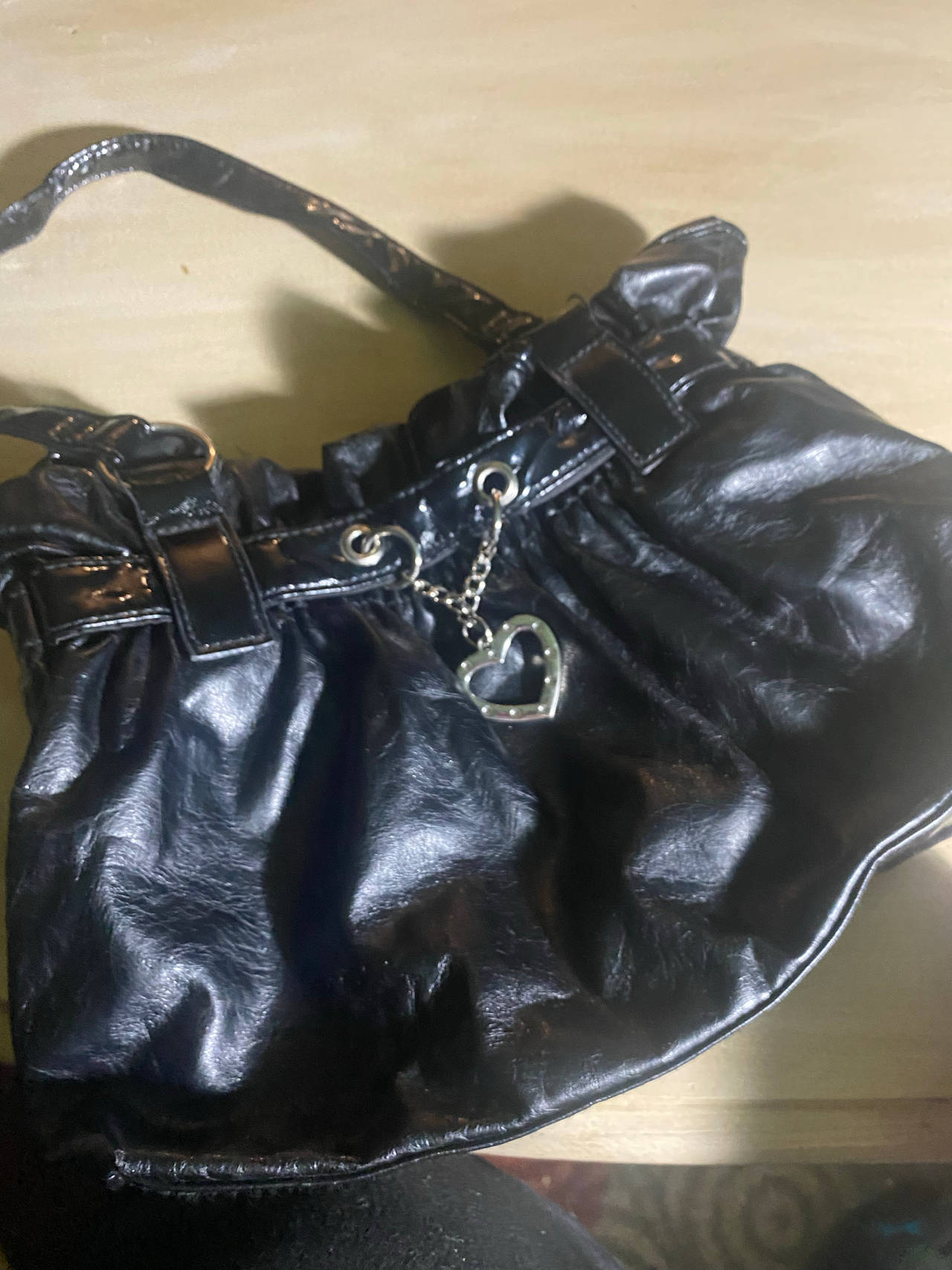 Black Faux Leather Shoulder Bag with Heart Charm