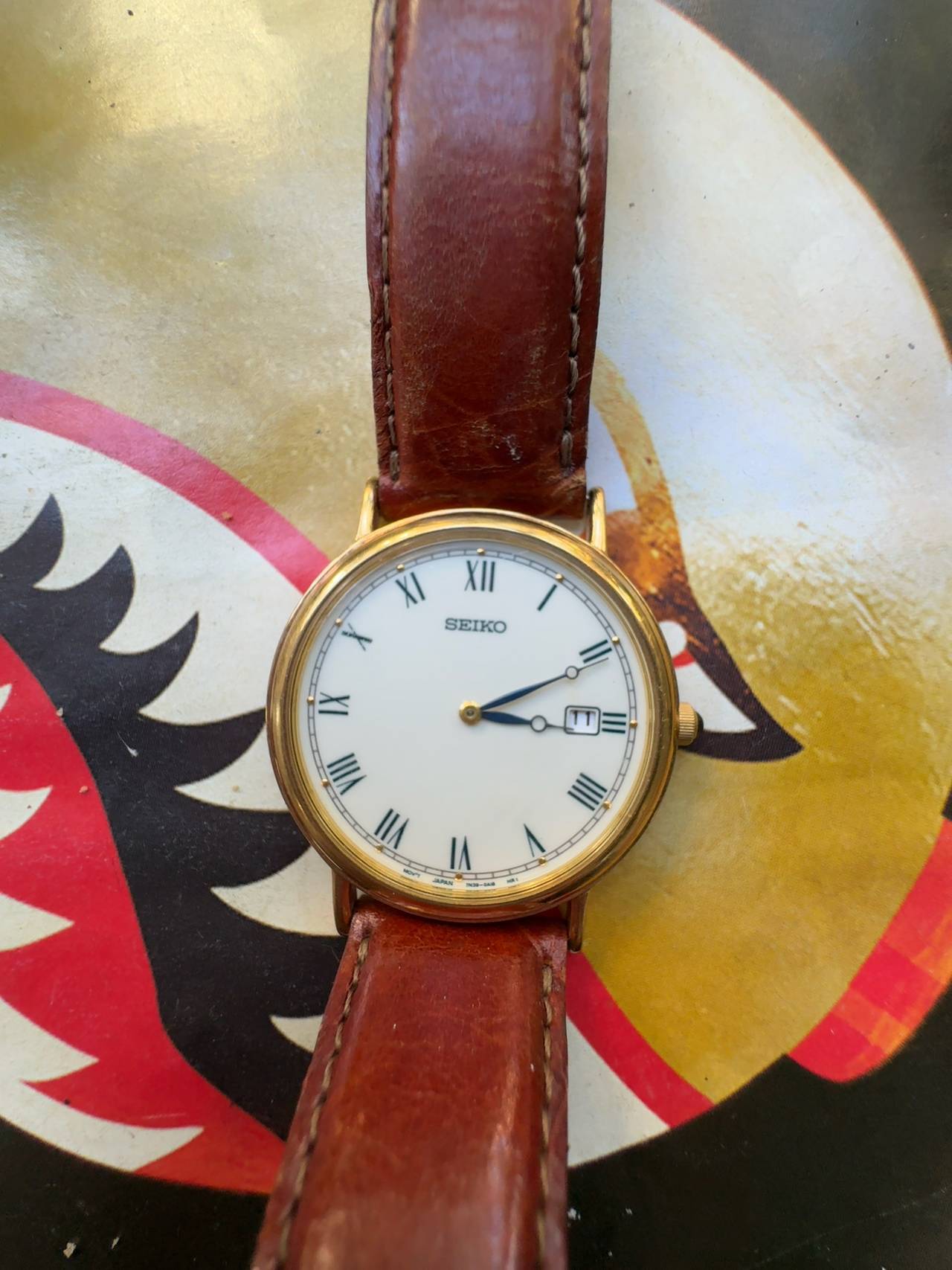 Seiko SKP016 Dress Watch Gold Tone Dial Brown Leather Strap