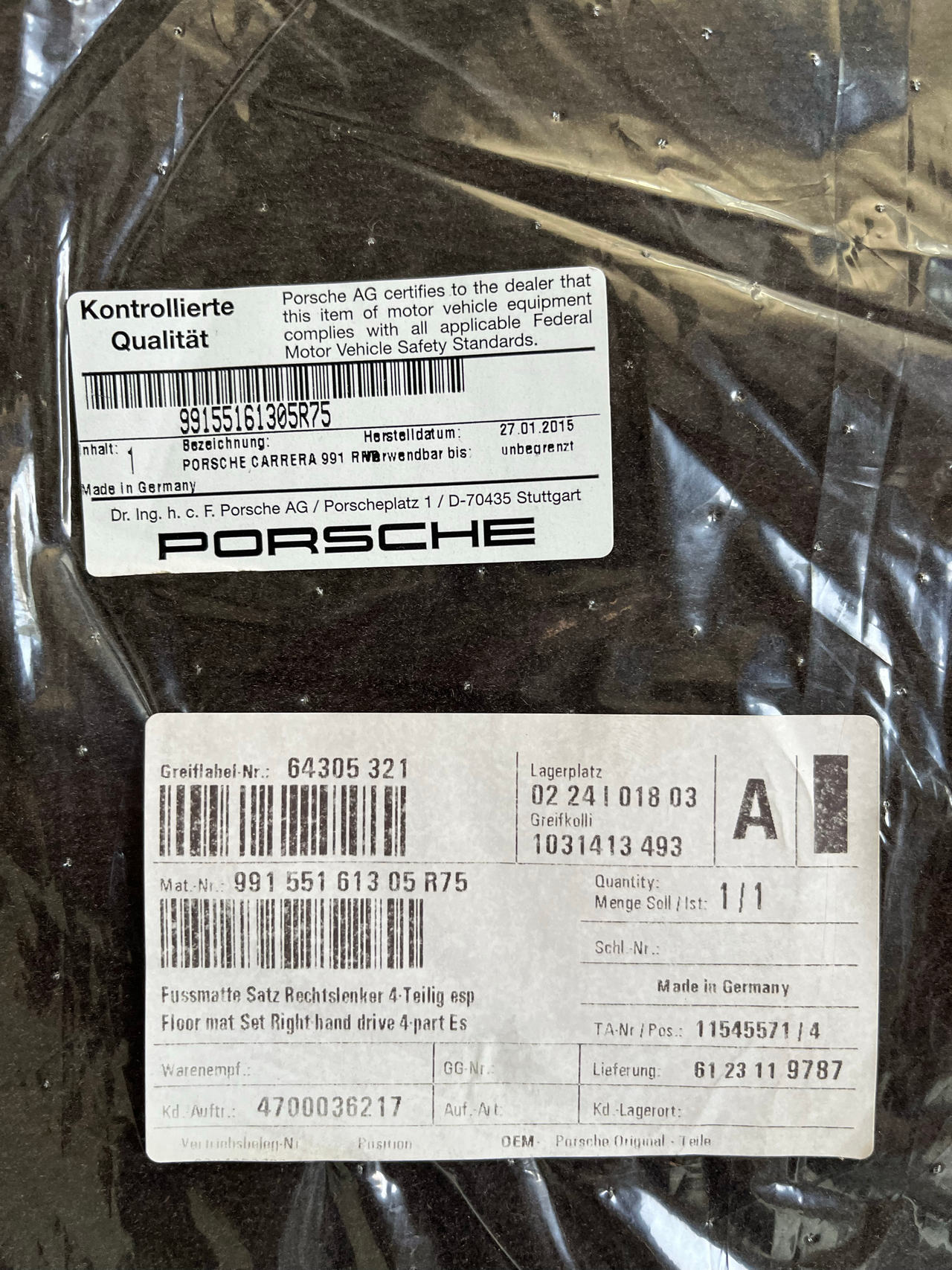 Porsche 991 Carrera Floor Mat Set
