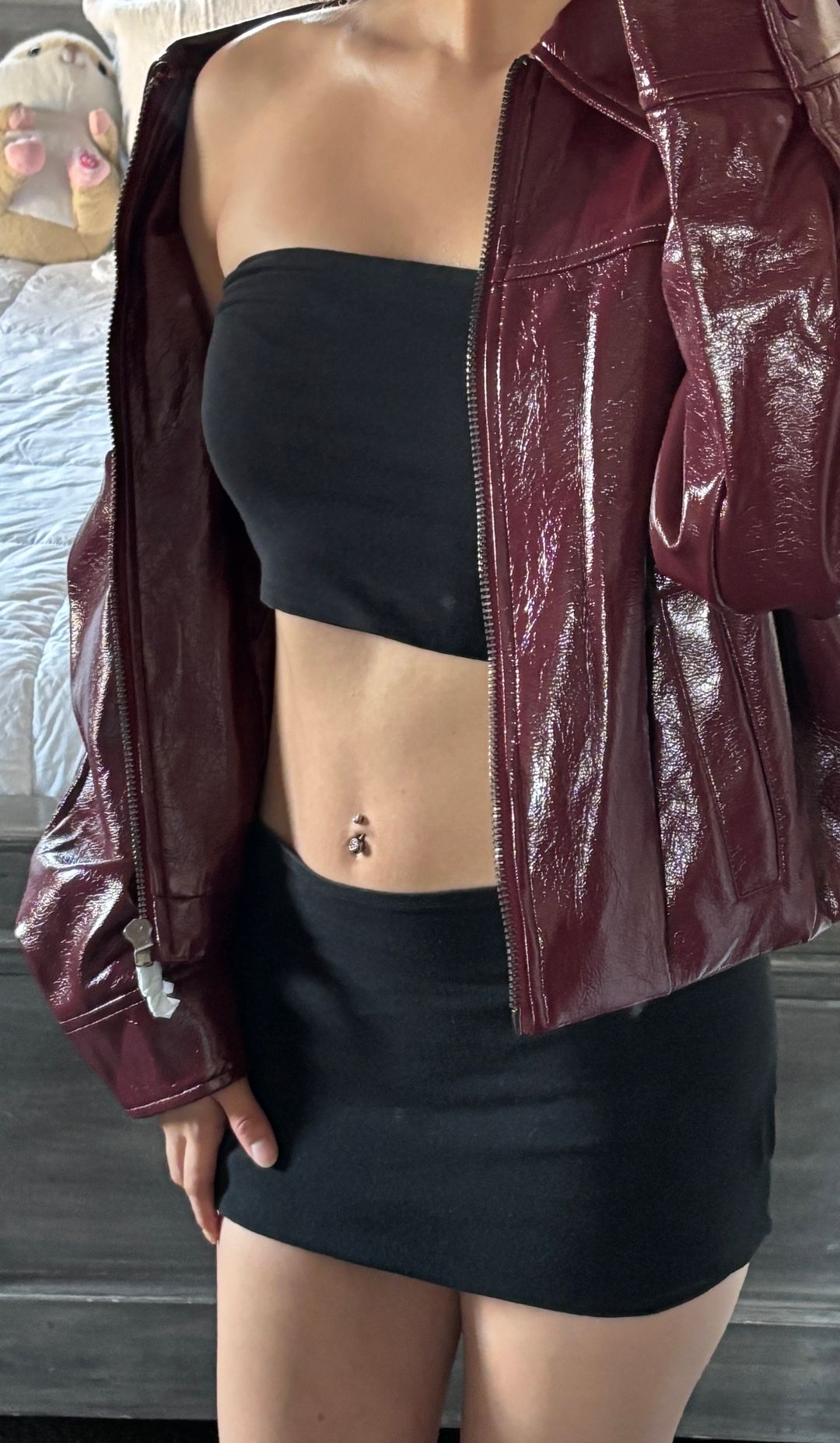 Women's Faux Leather Jacket and Tube Top Skirt Set