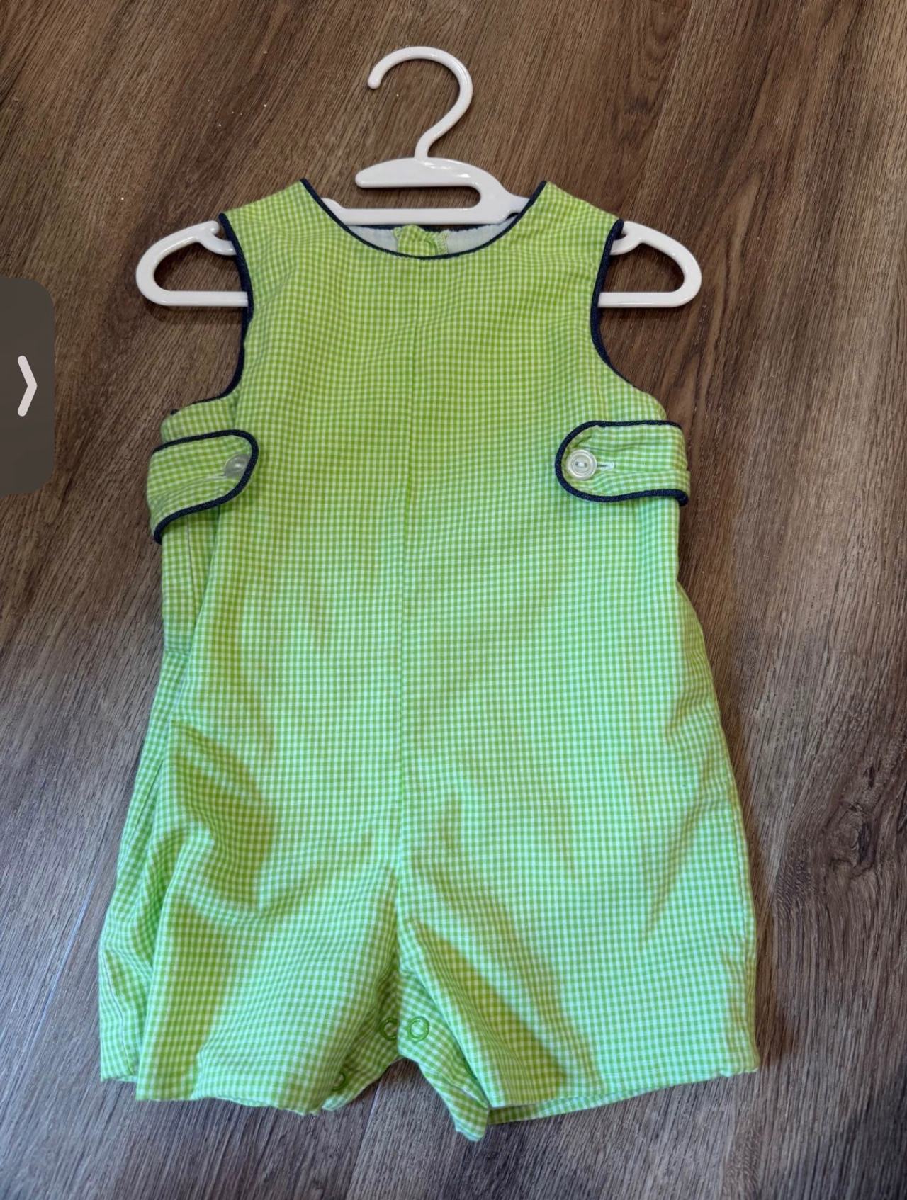 Green Gingham Jon Jon Romper with Navy Piping